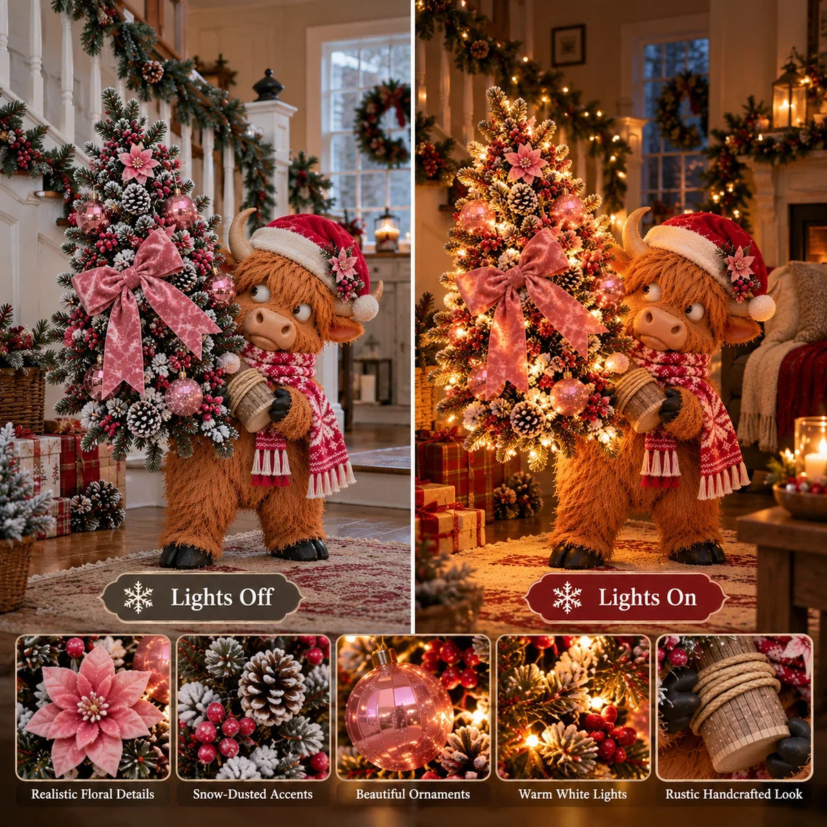 🎄🐮 Pinkmas Tree Bandit – Funny Lighted Highland Cow Carrying a Sparkling Pink Christmas Tree, Whimsical Holiday Porch Decor 🎀✨