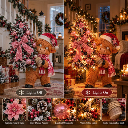 🎄🐮 Pinkmas Tree Bandit – Funny Lighted Highland Cow Carrying a Sparkling Pink Christmas Tree, Whimsical Holiday Porch Decor 🎀✨