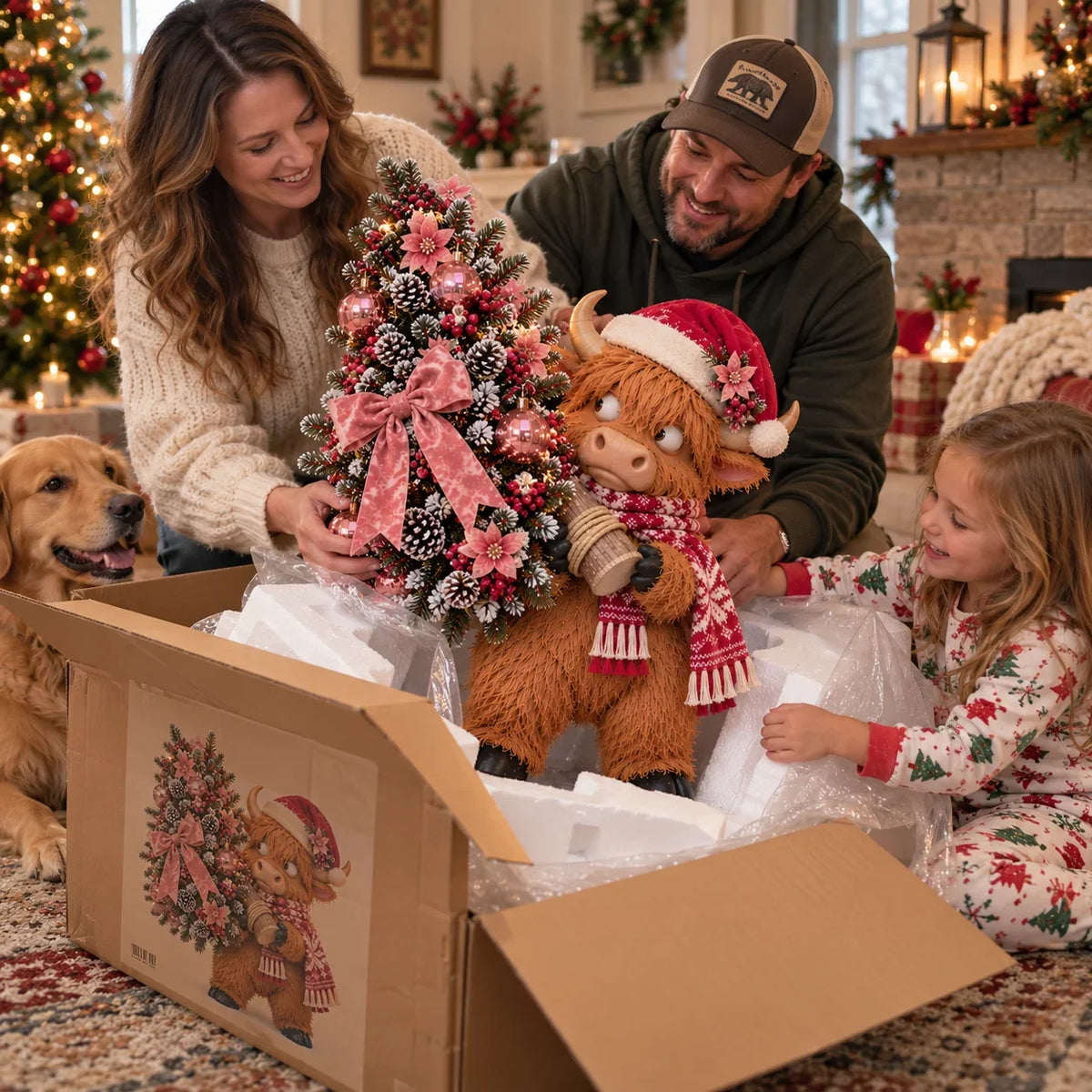 🎄🐮 Pinkmas Tree Bandit – Funny Lighted Highland Cow Carrying a Sparkling Pink Christmas Tree, Whimsical Holiday Porch Decor 🎀✨
