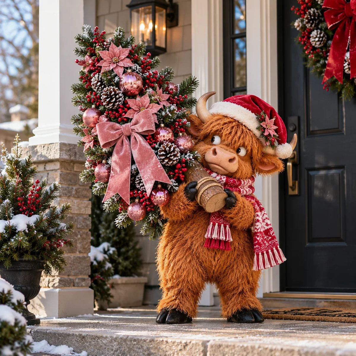 🎄🐮 Pinkmas Tree Bandit – Funny Lighted Highland Cow Carrying a Sparkling Pink Christmas Tree, Whimsical Holiday Porch Decor 🎀✨