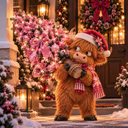 🎄🐮 Pinkmas Tree Bandit – Funny Lighted Highland Cow Carrying a Sparkling Pink Christmas Tree, Whimsical Holiday Porch Decor 🎀✨