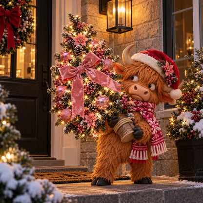 🎄🐮 Pinkmas Tree Bandit – Funny Lighted Highland Cow Carrying a Sparkling Pink Christmas Tree, Whimsical Holiday Porch Decor 🎀✨