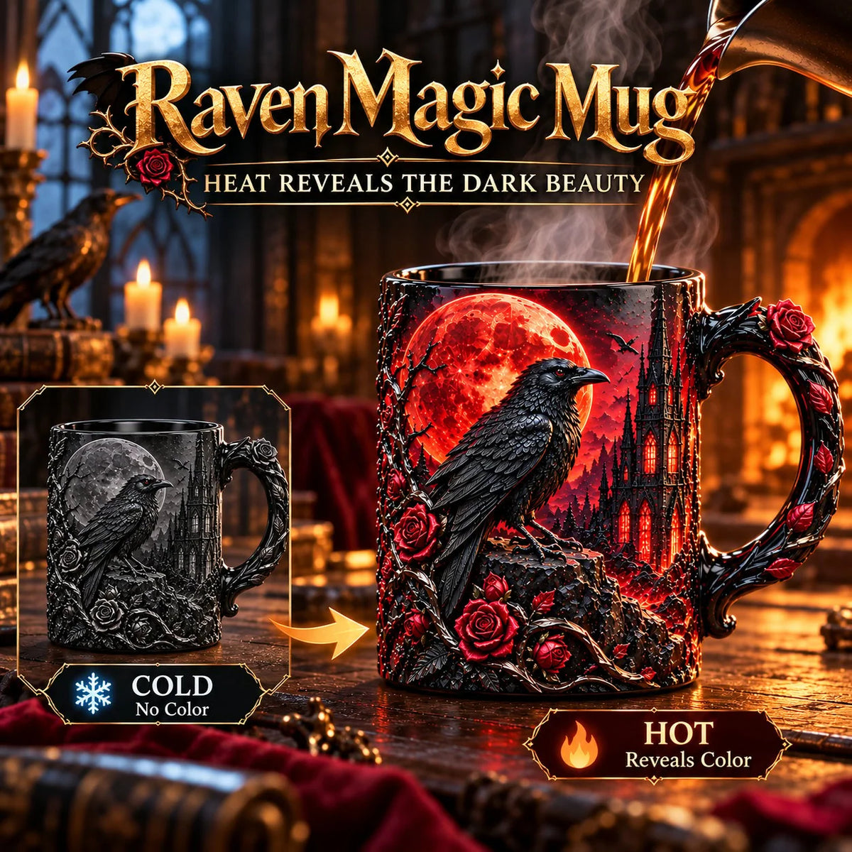 🐦‍⬛🌹 Raven Magic Color-Changing Mug | Gothic Raven & Blood Moon Coffee Cup