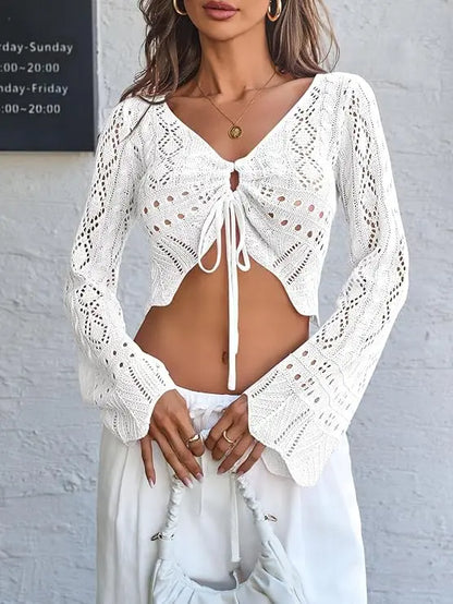 🌼 Hollow Out Drawstring Flare Sleeve Cropped Top-Women Minimalist Knit Sweater🪡