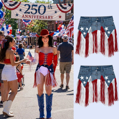 USA 250th Anniversary Patriotic Denim Fringe Belt