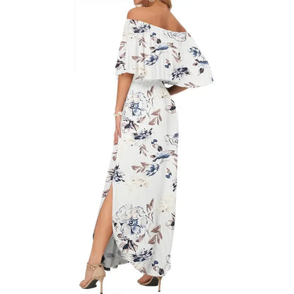 Women's Off The Shoulder Dress Wedding Guest Dress Summer Casual Long Ruffle Party Side Split Beach Maxi Dresses with Pockets