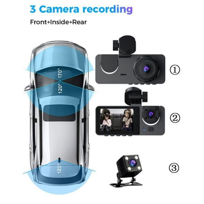 Dailyardtool® HD 1080P Dashcam with Three Lenses, Loop Recording and 3.5-inch IPS Screen