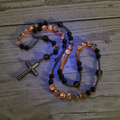 Natural Obsidian Yooperlite Rosary Necklace, UV Reactive Energy Protection Healing Crystal
