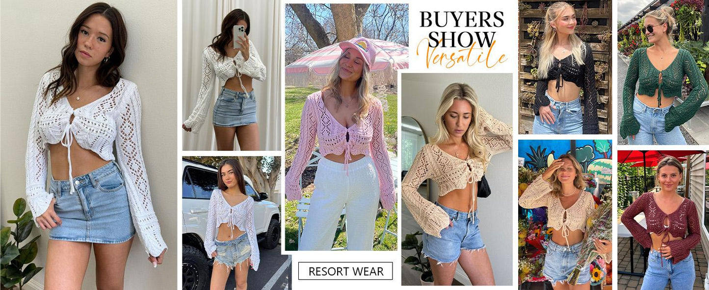 🌼 Hollow Out Drawstring Flare Sleeve Cropped Top-Women Minimalist Knit Sweater🪡