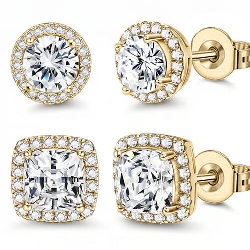 Halo Stud Earrings 4-Pack - Gold & Silver Round/Square Styles