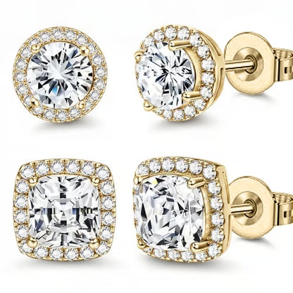 Halo Stud Earrings 4-Pack - Gold & Silver Round/Square Styles