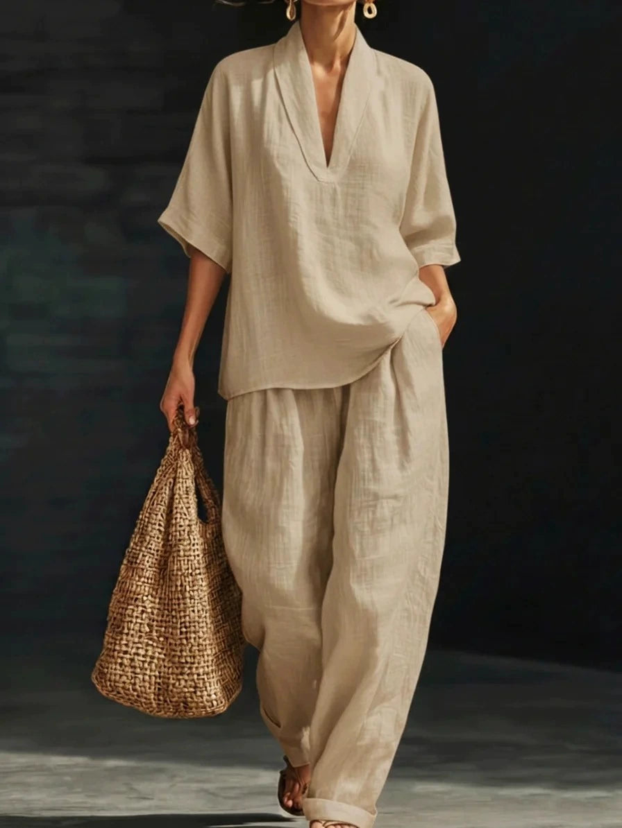 📢📢40% OFF !! ⏰Women's Casual V-Neck Top and Wide-Leg Trousers Set👚👖
