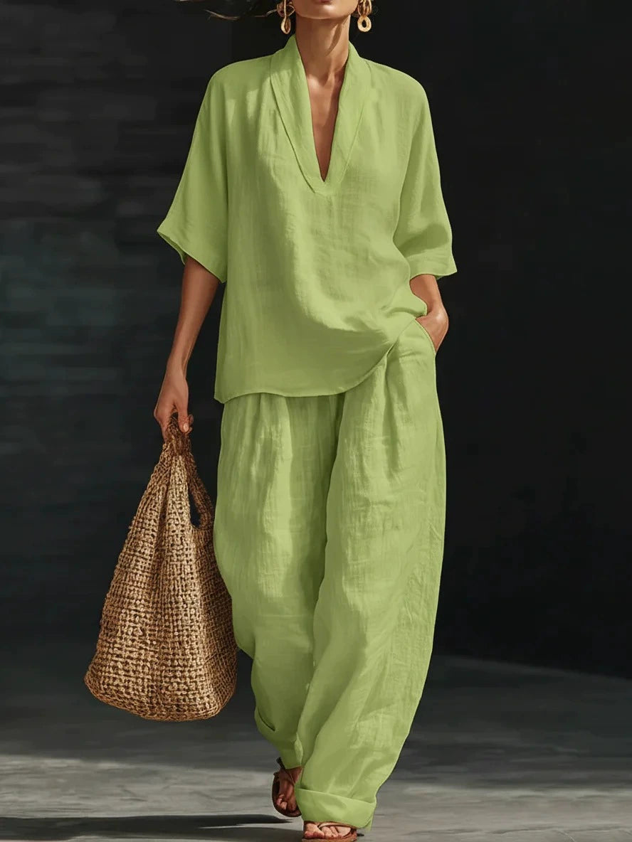 📢📢40% OFF !! ⏰Women's Casual V-Neck Top and Wide-Leg Trousers Set👚👖
