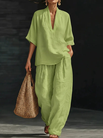 📢📢40% OFF !! ⏰Women's Casual V-Neck Top and Wide-Leg Trousers Set👚👖