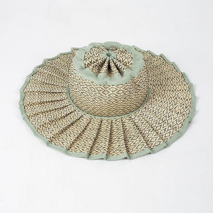 Handmade Foldable Straw Sun Hat for Women – UPF 50+ Wide Brim Pleated Beach Hat with Ponytail Opening & Packable Roll-Up Design