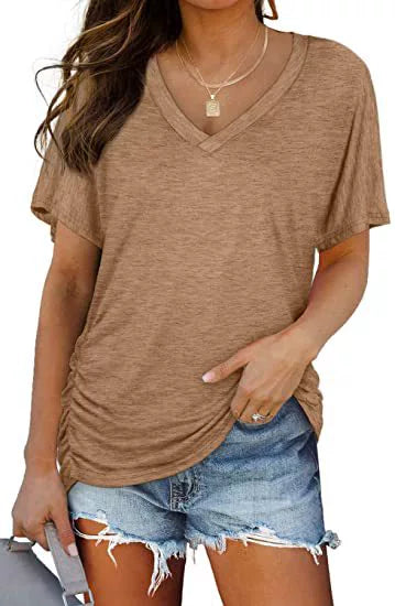 ✨Womens Short Sleeve V Neck Dolman Tops with Side Shirring Loose Fit Shirts