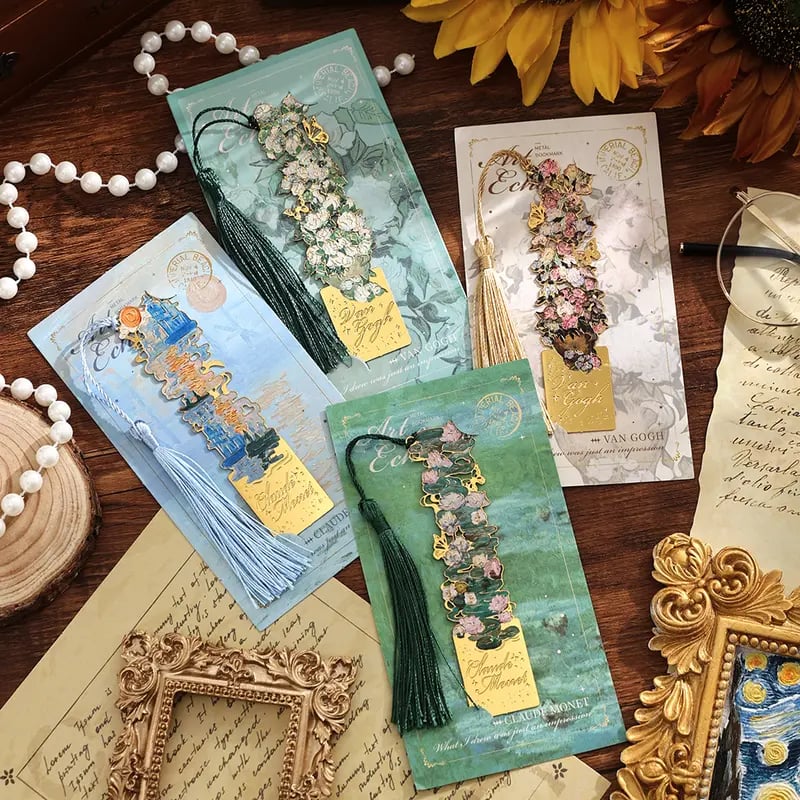 📚✨ 8-Piece Gold Metal Bookmark Set with Tassel – Van Gogh & Monet Inspired Gift for Book Lovers 🎨