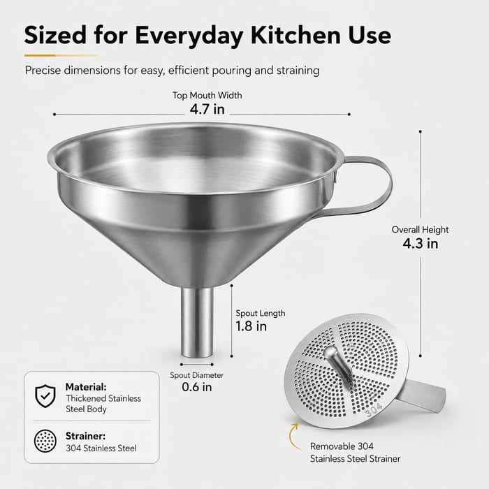 🍳Heavy-Duty Stainless Steel Kitchen Funnel (Strainer Included)