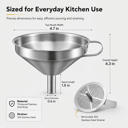 🍳Heavy-Duty Stainless Steel Kitchen Funnel (Strainer Included)