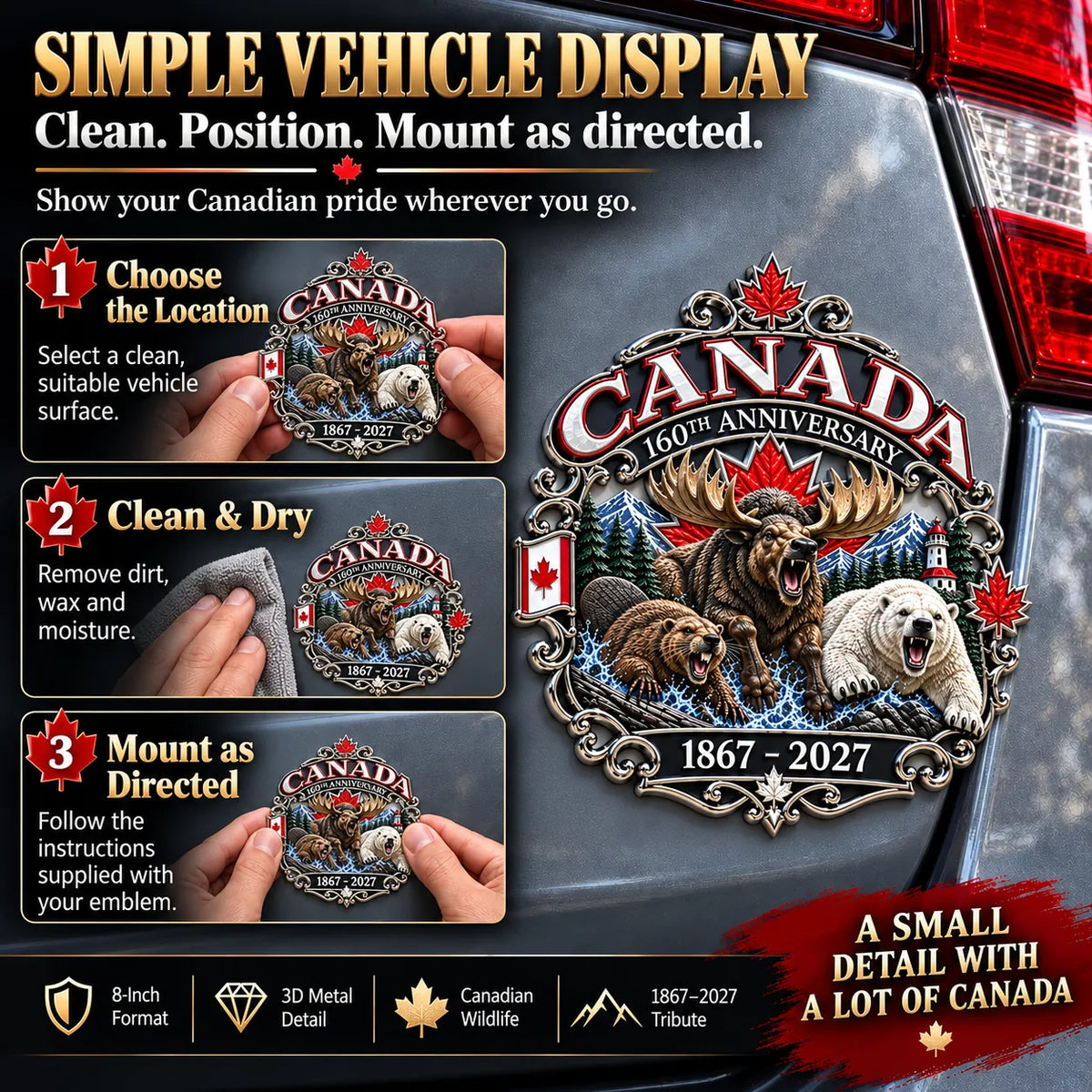 ⏳ Limited-Time 49% OFF – 🍁 Canada 160th Anniversary 3D Car Emblem | 8-Inch Metal Wildlife Badge, 1867–2027 🇨🇦