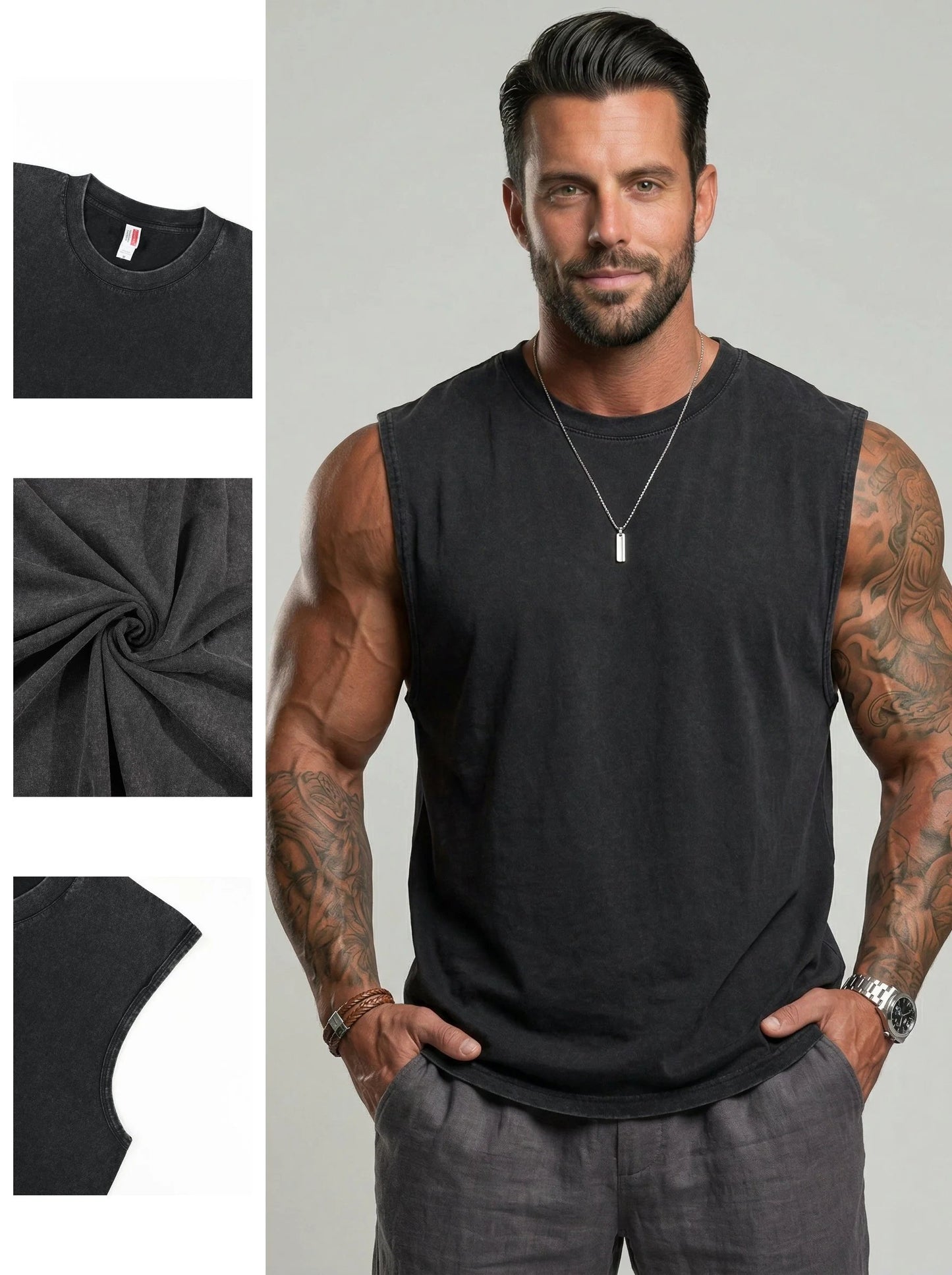 ⚡ Hot Sales  🔥 4-Pack Men's Washed Sleeveless Vest – Heavyweight Cotton, Acid Wash, Oversized Gym & Streetwear