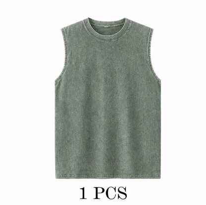 ⚡ Hot Sales  🔥 4-Pack Men's Washed Sleeveless Vest – Heavyweight Cotton, Acid Wash, Oversized Gym & Streetwear