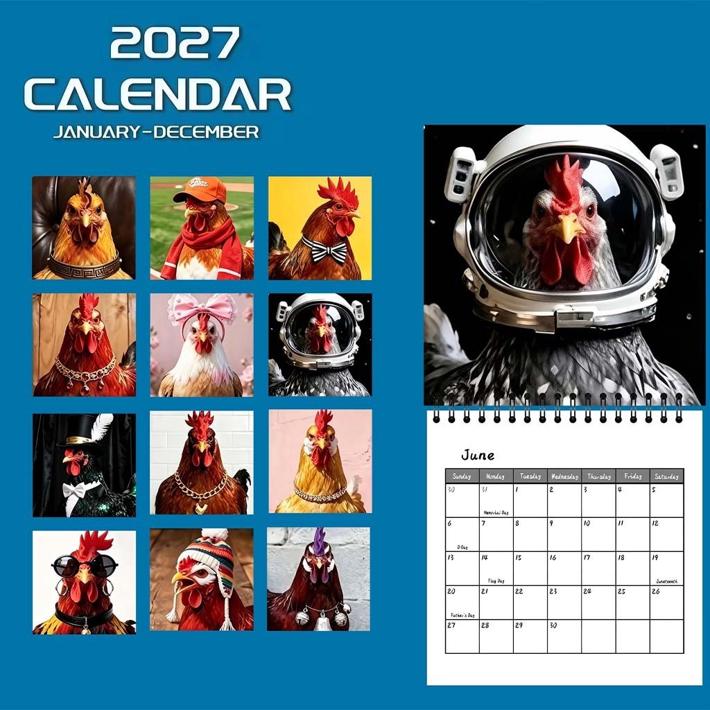 🐔 2027 Chicken Wall Calendar, 12-Month Spiral Planner With Notes