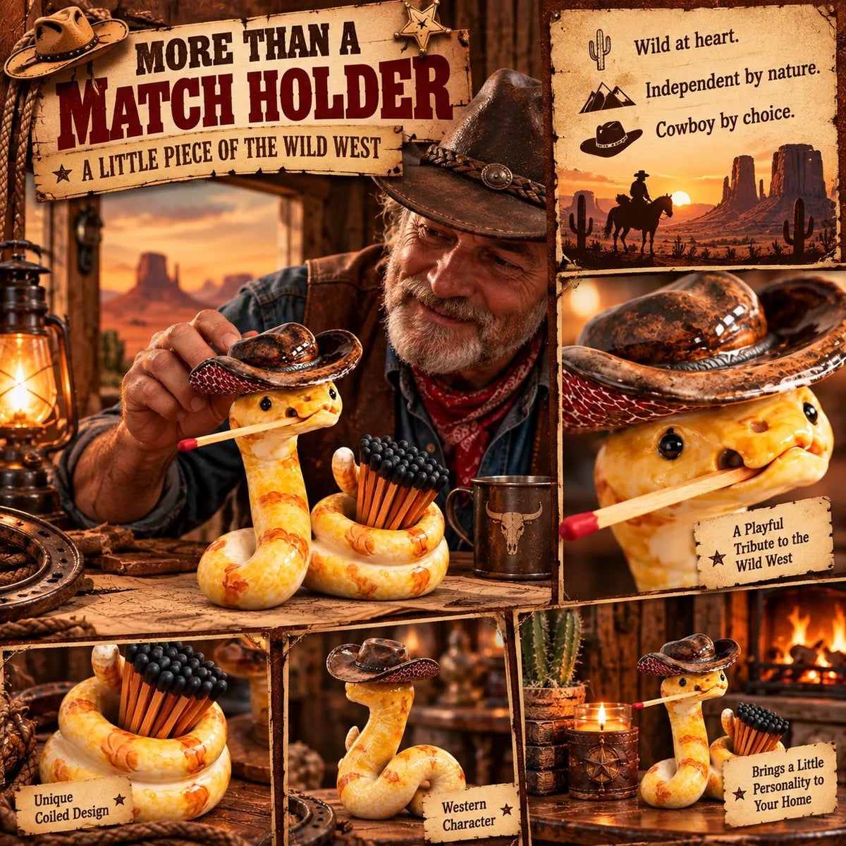 ⏳ Last Day 49% OFF – 🤠 The Cowboy Rattler Match Holder | Funny Western Snake Décor for Cabins, Mantels & Bars 🐍