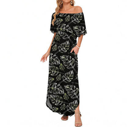 Women's Off The Shoulder Dress Wedding Guest Dress Summer Casual Long Ruffle Party Side Split Beach Maxi Dresses with Pockets