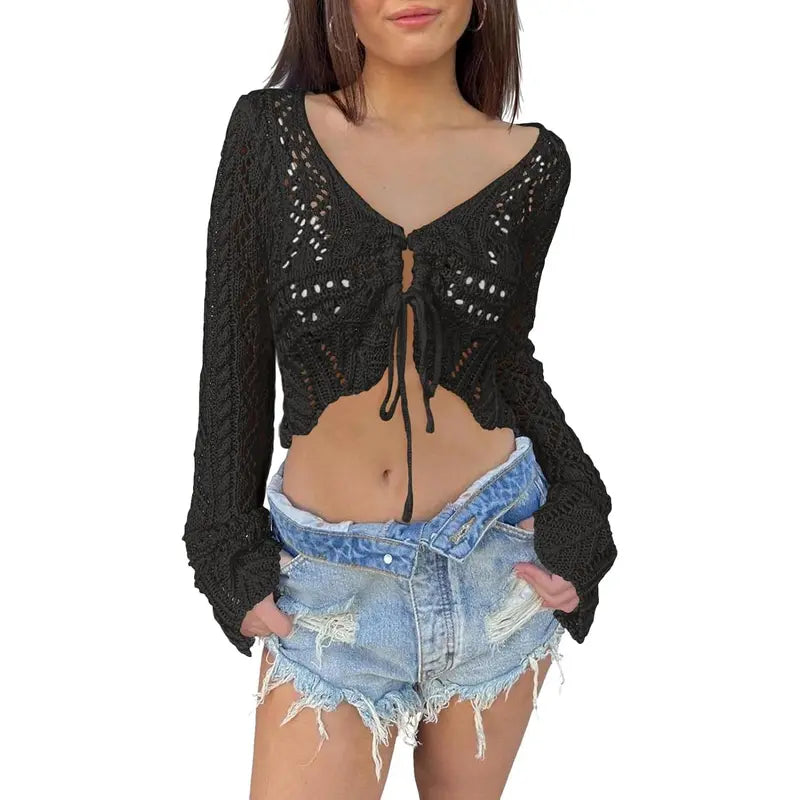 🌼 Hollow Out Drawstring Flare Sleeve Cropped Top-Women Minimalist Knit Sweater🪡