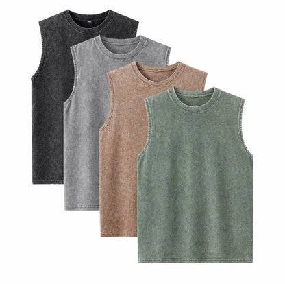 ⚡ Hot Sales  🔥 4-Pack Men's Washed Sleeveless Vest – Heavyweight Cotton, Acid Wash, Oversized Gym & Streetwear