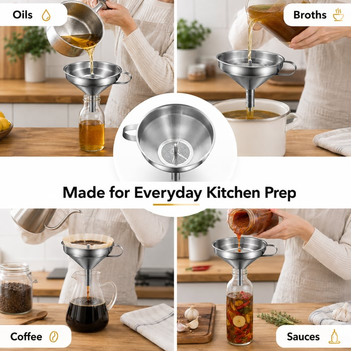 🍳Heavy-Duty Stainless Steel Kitchen Funnel (Strainer Included)