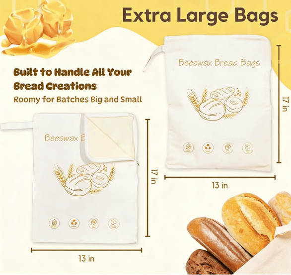 🍞Wide Zipper Access Cotton & Beeswax Bread Bags for Sourdough✨