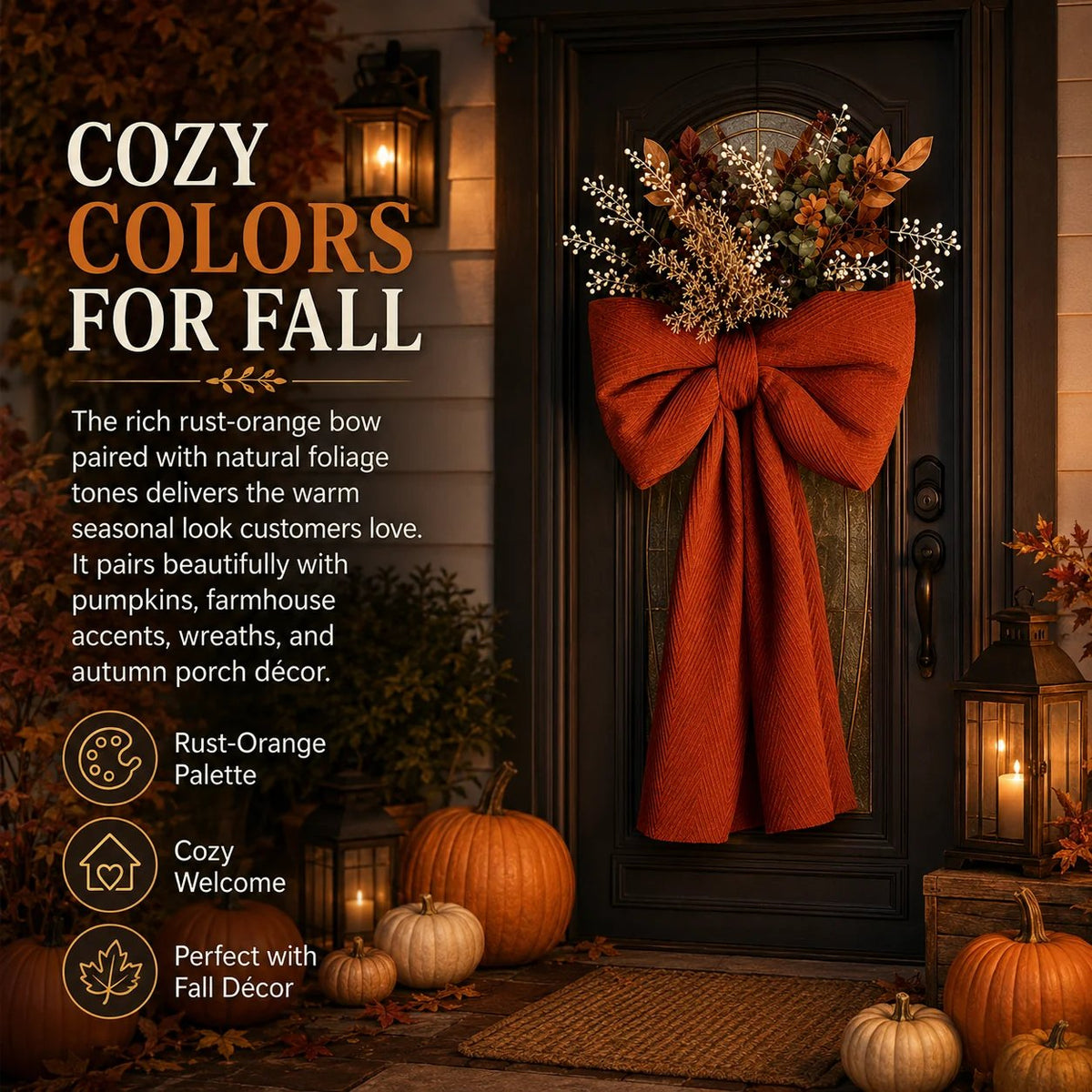 🍂 Oversized Autumn Door Swag – Warm Fall Welcome with Floral Bow & Rustic Porch Charm 🧡✨