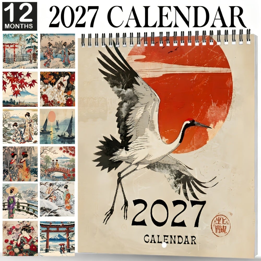 🎎 2027 Japanese Style Wall Calendar, Spiral Monthly Planner Decor