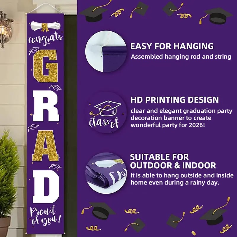 🎓Class of 2026 Graduation Banner 11.8" x 70.87" | Congrats Grad Front Door Porch Decor for Graduation Party (✨Set of 2)