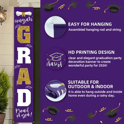 🎓Class of 2026 Graduation Banner 11.8" x 70.87" | Congrats Grad Front Door Porch Decor for Graduation Party (✨Set of 2)