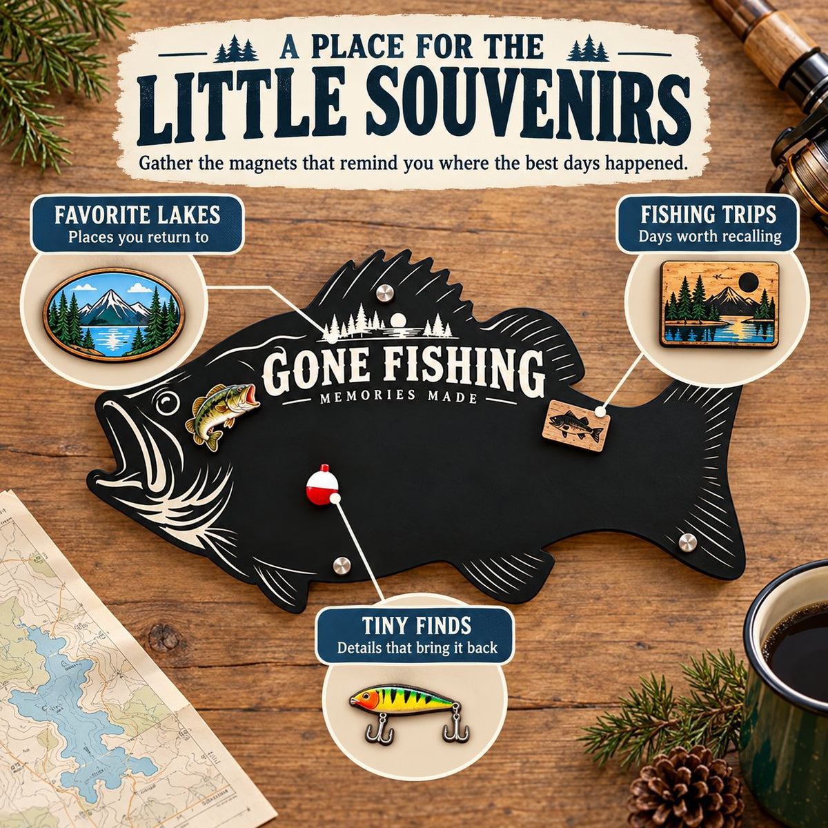 ⏳ Last Day 49% OFF – 🎣 Bass-Shaped Magnetic Fishing Memory Board | 3 Sizes for Lake Magnets, Fishing Trips & Keepsakes 🐟