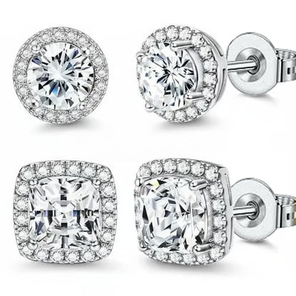 Halo Stud Earrings 4-Pack - Gold & Silver Round/Square Styles