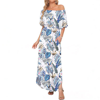 Women's Off The Shoulder Dress Wedding Guest Dress Summer Casual Long Ruffle Party Side Split Beach Maxi Dresses with Pockets