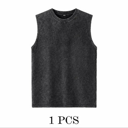 ⚡ Hot Sales  🔥 4-Pack Men's Washed Sleeveless Vest – Heavyweight Cotton, Acid Wash, Oversized Gym & Streetwear
