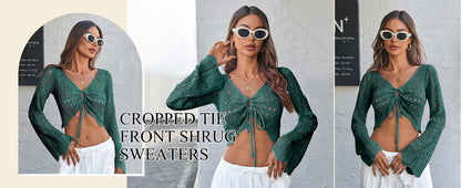 🌼 Hollow Out Drawstring Flare Sleeve Cropped Top-Women Minimalist Knit Sweater🪡