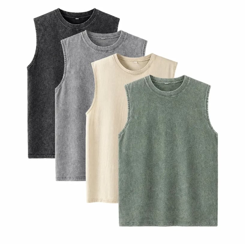 ⚡ Hot Sales  🔥 4-Pack Men's Washed Sleeveless Vest – Heavyweight Cotton, Acid Wash, Oversized Gym & Streetwear