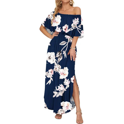 Women's Off The Shoulder Dress Wedding Guest Dress Summer Casual Long Ruffle Party Side Split Beach Maxi Dresses with Pockets