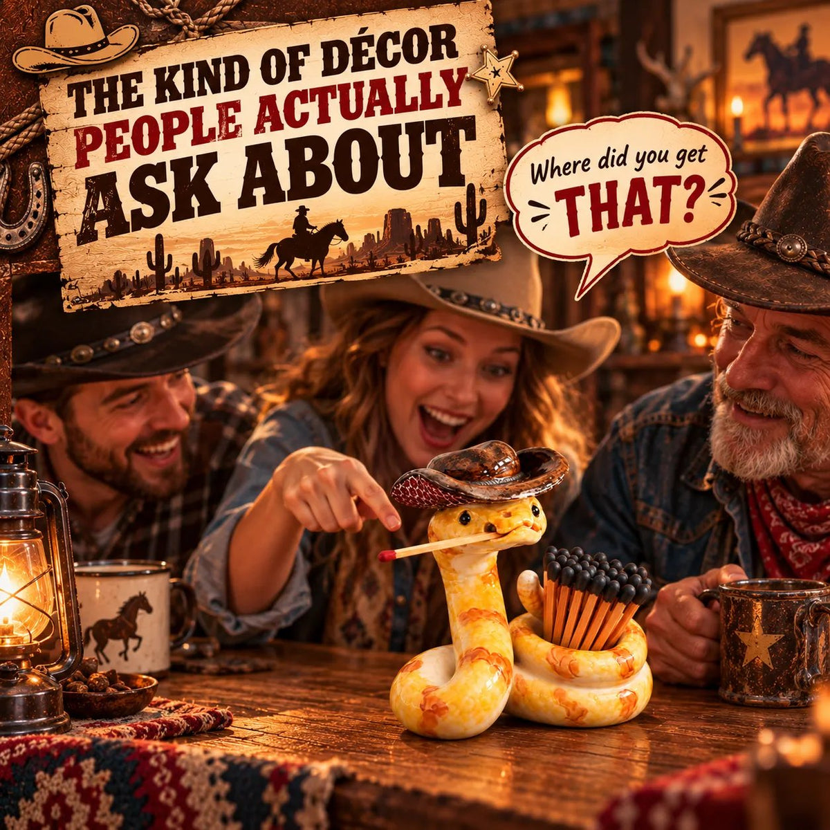 ⏳ Last Day 49% OFF – 🤠 The Cowboy Rattler Match Holder | Funny Western Snake Décor for Cabins, Mantels & Bars 🐍