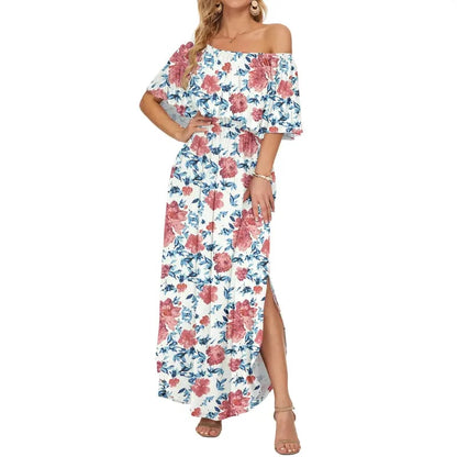 Women's Off The Shoulder Dress Wedding Guest Dress Summer Casual Long Ruffle Party Side Split Beach Maxi Dresses with Pockets