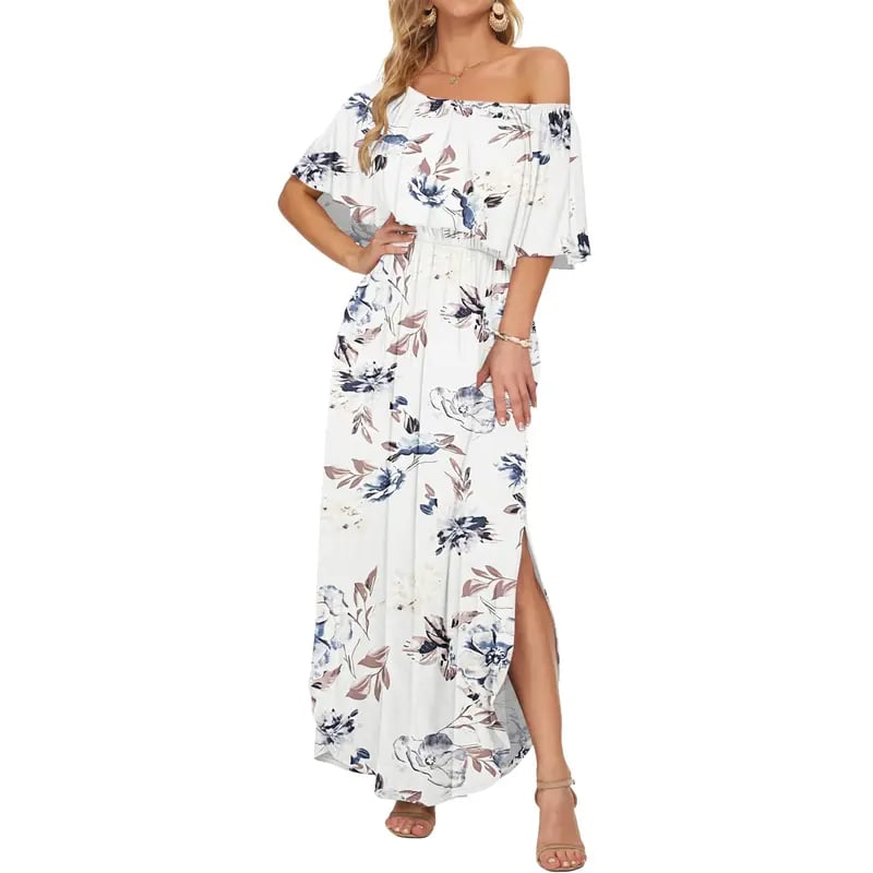Women's Off The Shoulder Dress Wedding Guest Dress Summer Casual Long Ruffle Party Side Split Beach Maxi Dresses with Pockets