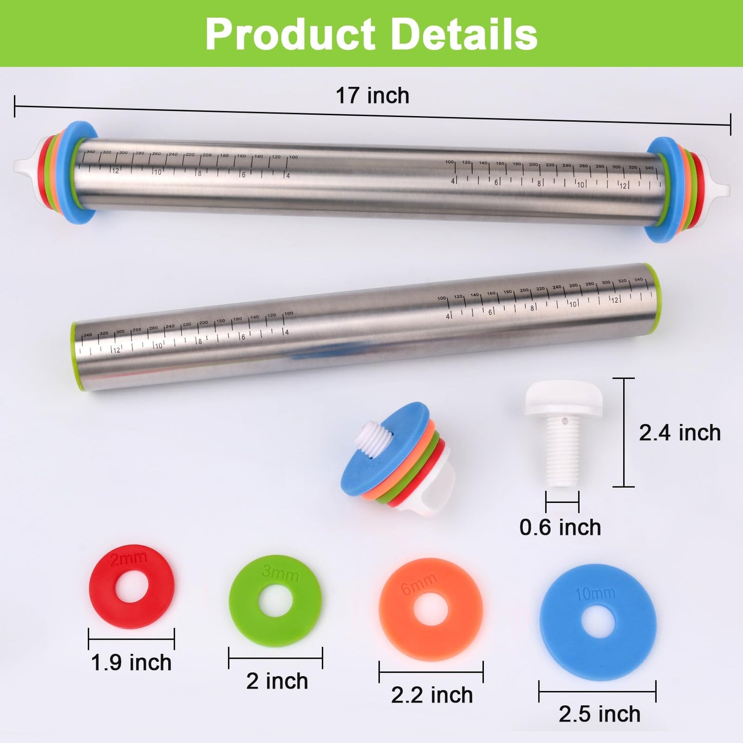 Dailyardtool® Adjustable Stainless Steel Rolling Pin with Thickness Rings