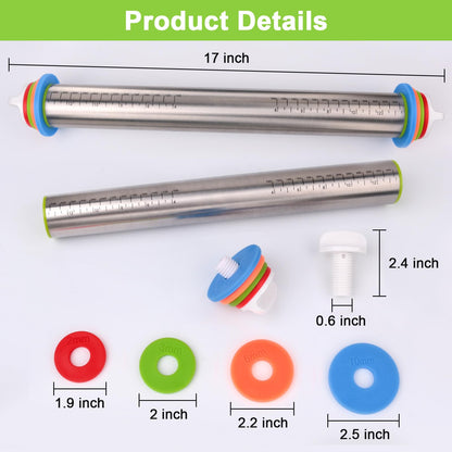 Dailyardtool® Adjustable Stainless Steel Rolling Pin with Thickness Rings