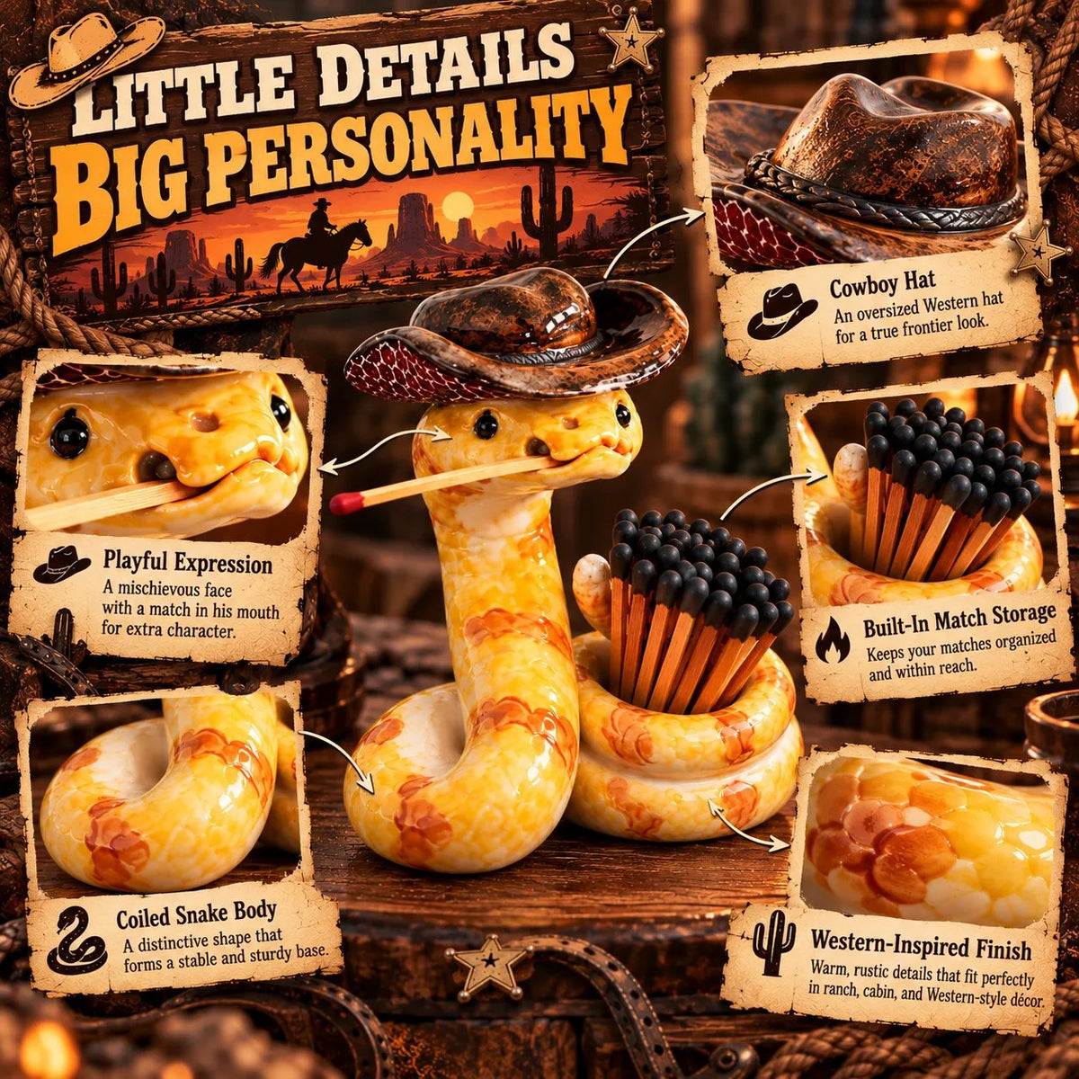 ⏳ Last Day 49% OFF – 🤠 The Cowboy Rattler Match Holder | Funny Western Snake Décor for Cabins, Mantels & Bars 🐍